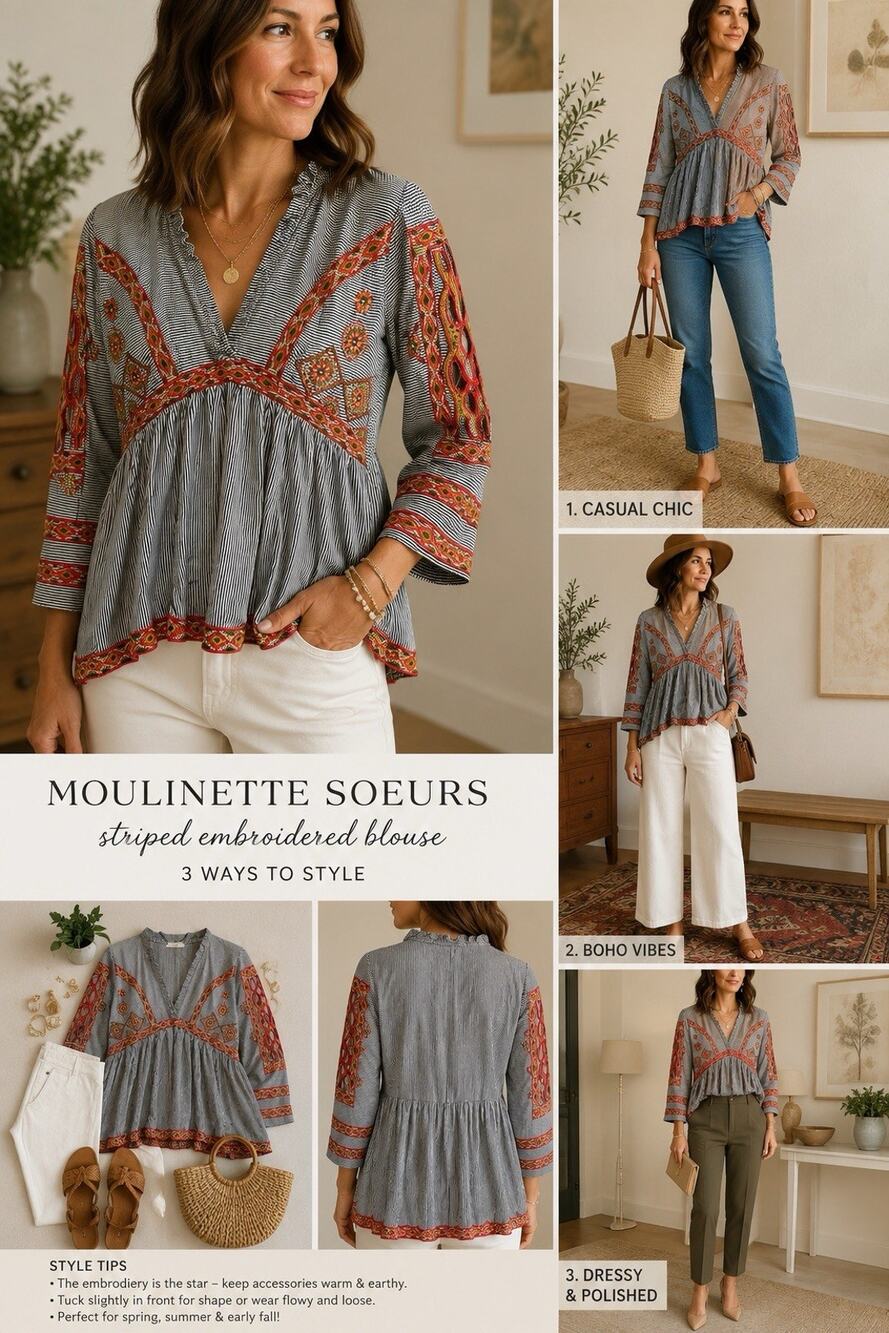 Moulinette Soeurs Anthropologie Embroidered Boho Striped Blouse Top Small